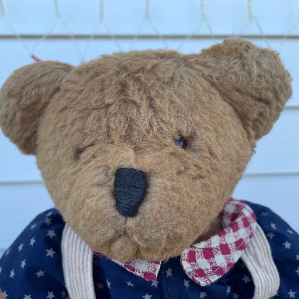 Russ Berrie Franklin Teddy Bear Vintage Plush Patriotic Stars Corduroy Overalls